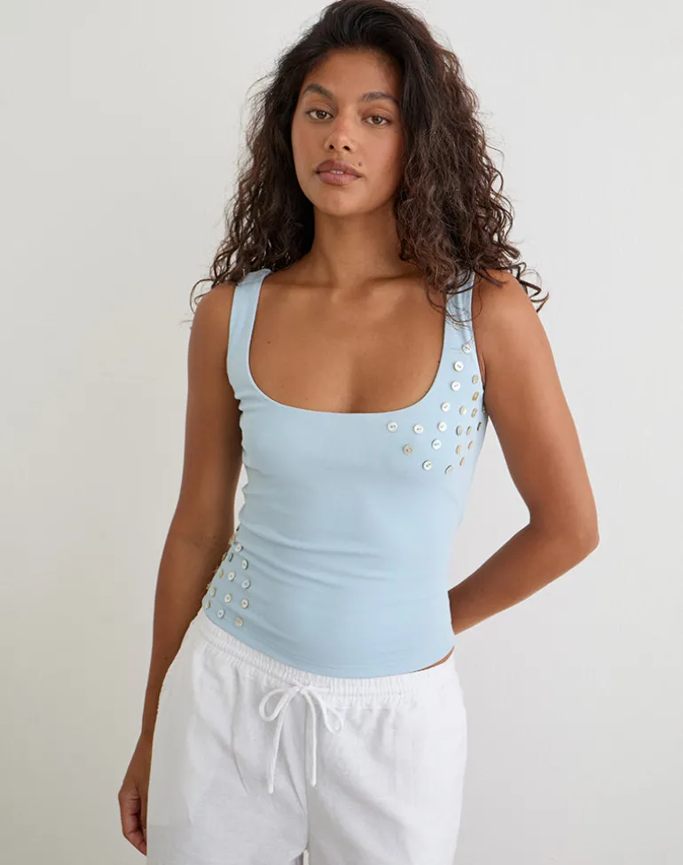 Gelita Vest with Pearl Buttons in Blue Eco Lyocell
