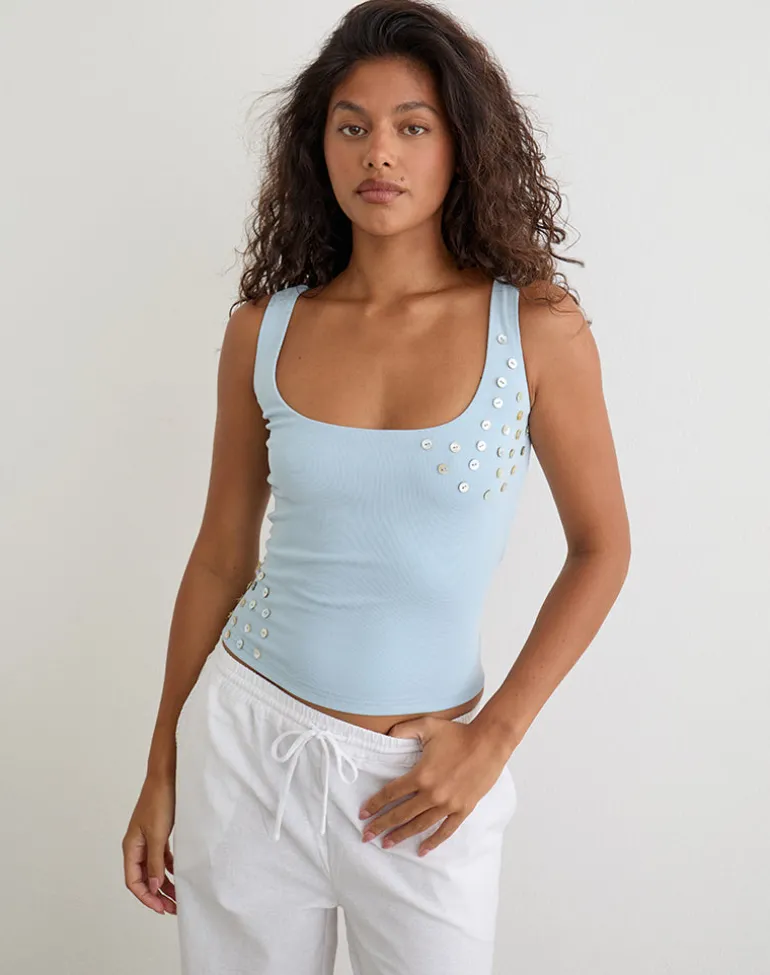 Gelita Vest with Pearl Buttons in Blue Eco Lyocell