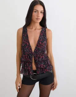 Gendhis Vest Top in Chiffon Scattered Floral Black and Red