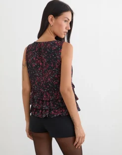 Gendhis Vest Top in Chiffon Scattered Floral Black and Red