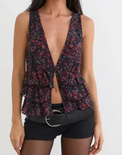 Gendhis Vest Top in Chiffon Scattered Floral Black and Red