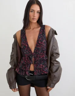 Gendhis Vest Top in Chiffon Scattered Floral Black and Red
