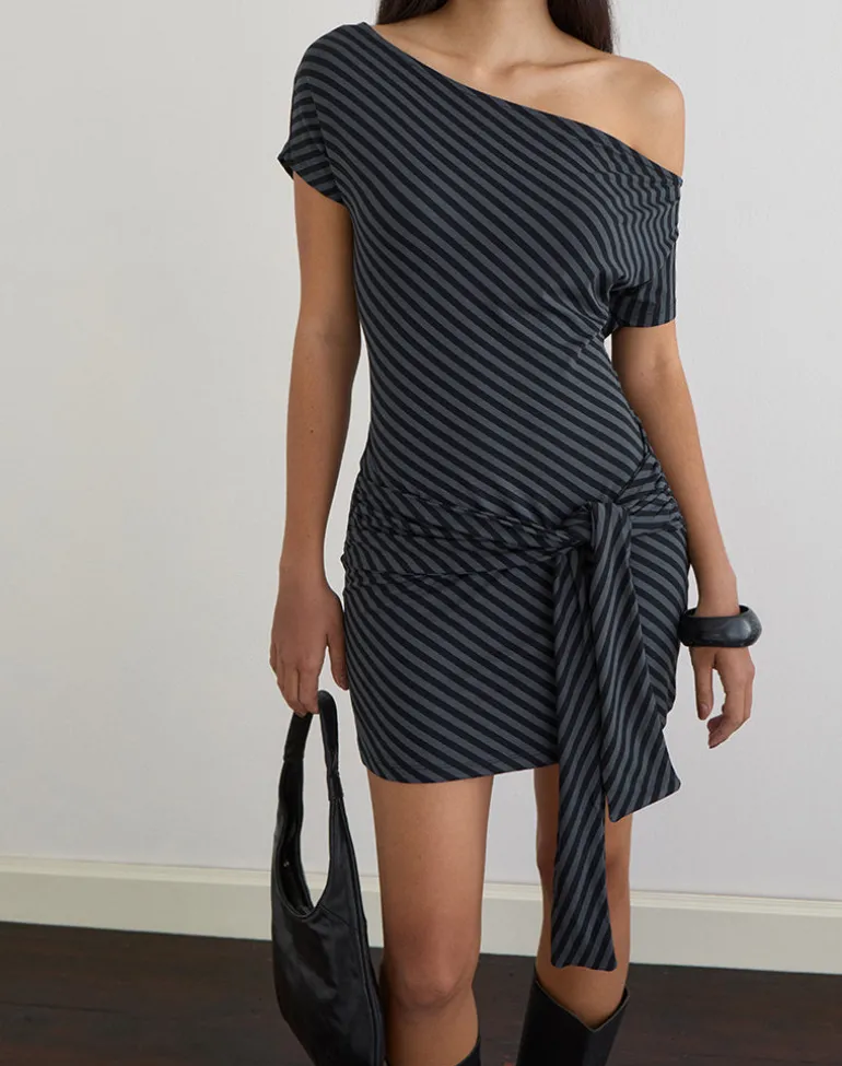 Genya Mini Dress in Oblique Stripe Ocean Storm