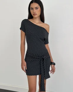 Genya Mini Dress in Oblique Stripe Ocean Storm