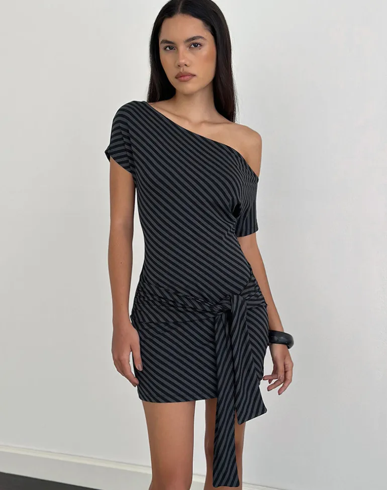 Genya Mini Dress in Oblique Stripe Ocean Storm