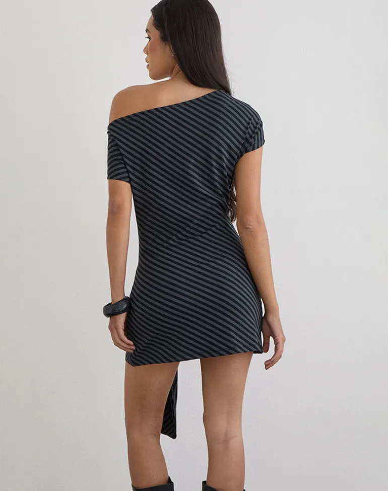 Genya Mini Dress in Oblique Stripe Ocean Storm