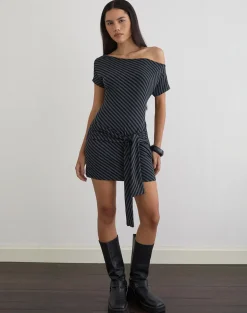Genya Mini Dress in Oblique Stripe Ocean Storm