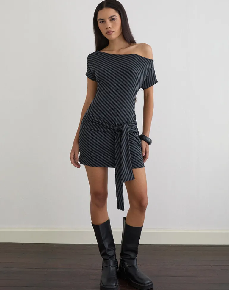Genya Mini Dress in Oblique Stripe Ocean Storm