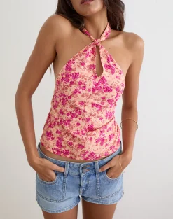 Giulia Knot Halterneck Top in Dark Wild Floral Cantaloupe