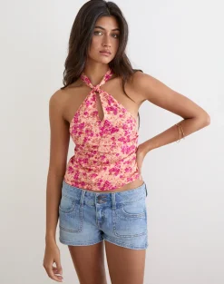 Giulia Knot Halterneck Top in Dark Wild Floral Cantaloupe