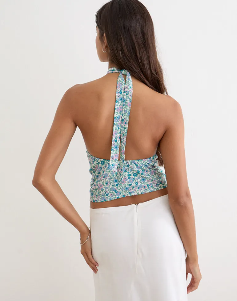 Giulia Knot Halterneck Top in Flower Power Blue