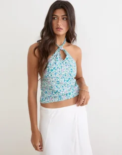 Giulia Knot Halterneck Top in Flower Power Blue