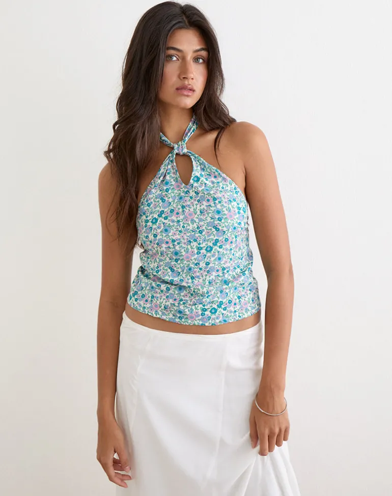 Giulia Knot Halterneck Top in Flower Power Blue