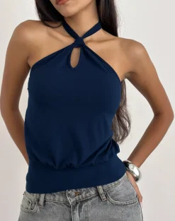 Giunea Knot Halter Top in Navy