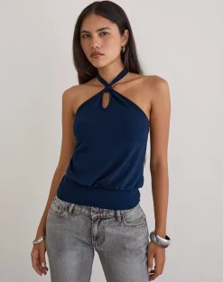Giunea Knot Halter Top in Navy