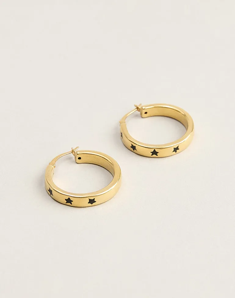 Gold Plated Hoop Black Star Earrings