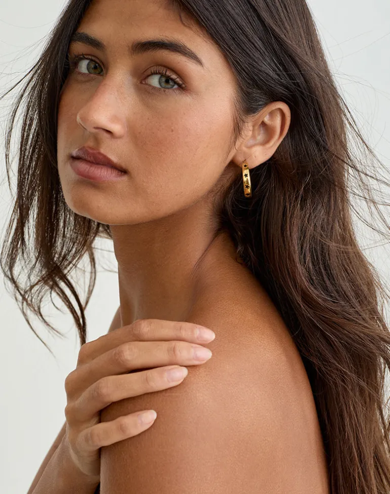 Gold Plated Hoop Black Star Earrings