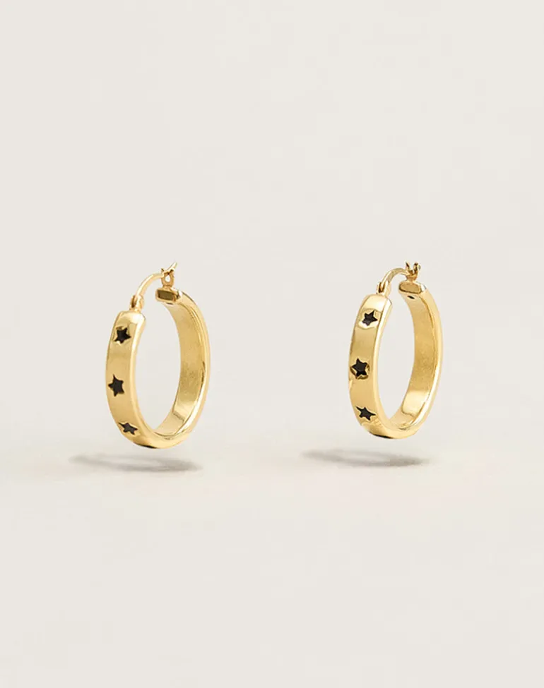 Gold Plated Hoop Black Star Earrings