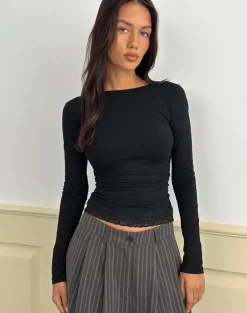 Gomira Long Sleeve Top in Black with Lace Trim