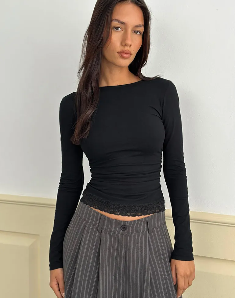 Gomira Long Sleeve Top in Black with Lace Trim