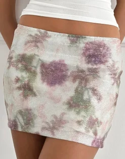 Govinda Mini Skirt in Floral Sequin White Purple