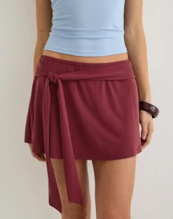 Grecia Tie Mini Skirt in Cupro Burgundy
