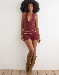 Grizel Halterneck Top with Pearl Trim in Cupro Burgundy
