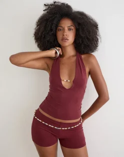 Grizel Halterneck Top with Pearl Trim in Cupro Burgundy