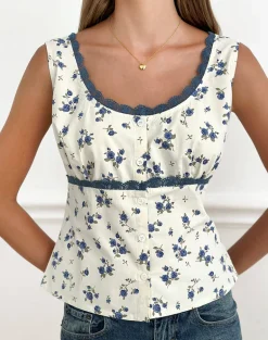 Gronini Top in Ditsy Leaf Rose Navy