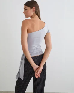 Gryfina Tie Belt Top in Rayon Jersey Lilac Grey