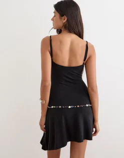 Gussie Mini Dress with Shell Trim in Cupro Black