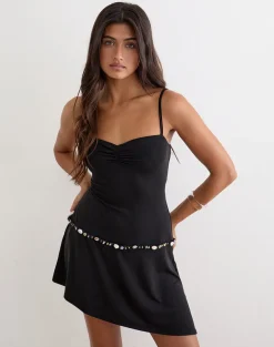 Gussie Mini Dress with Shell Trim in Cupro Black