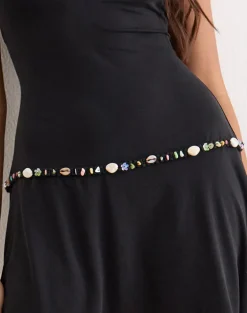 Gussie Mini Dress with Shell Trim in Cupro Black