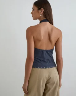 Gyomei Wrap Top in Jersey Ocean Storm with Eyelets