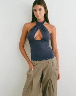 Gyomei Wrap Top in Jersey Ocean Storm with Eyelets