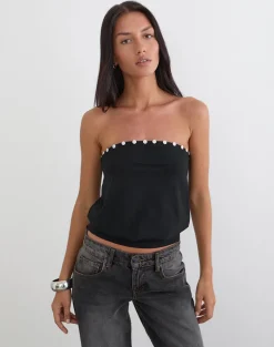 Hagar Top in Black with Pearl Button Trim