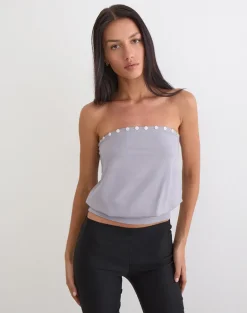 Hagar Top in Lilac Grey with Pearl Button Trim