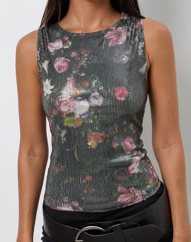 Hala Vest Top in Sequin Vintage Flower