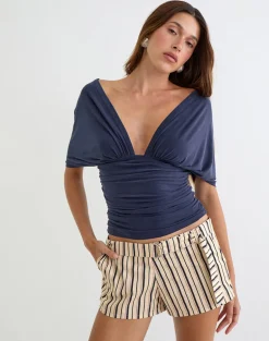 Halyra Short in Neutral Stripe Beige with Belt