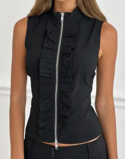 Hanae Zip Frill Top in Tailoring Black