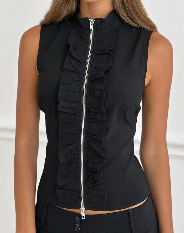 Hanae Zip Frill Top in Tailoring Black