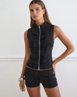Hanae Zip Frill Top in Tailoring Black