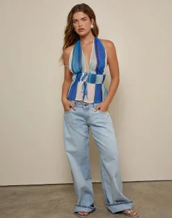 Hassna Halter Top in Chiffon Painted Stripe Blue