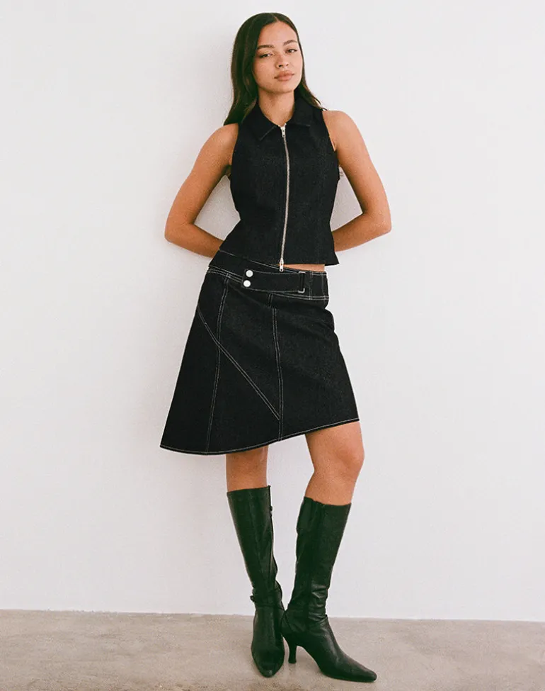 Hayashi Asymmetrical Midi Skirt in Denim Black Wash