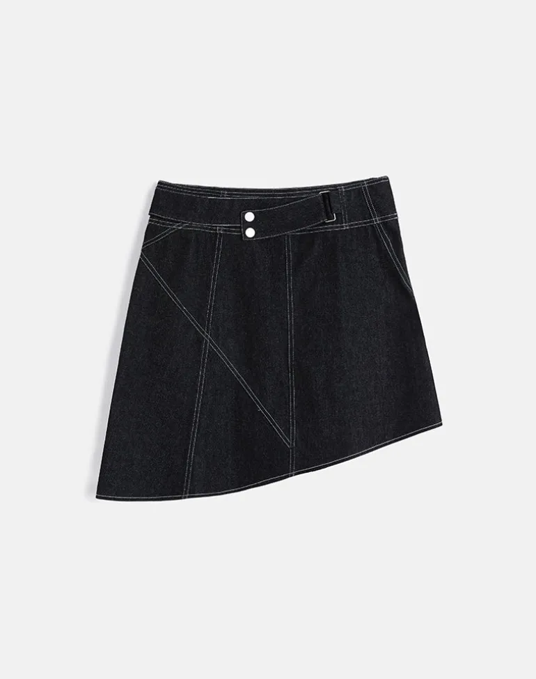 Hayashi Asymmetrical Midi Skirt in Denim Black Wash