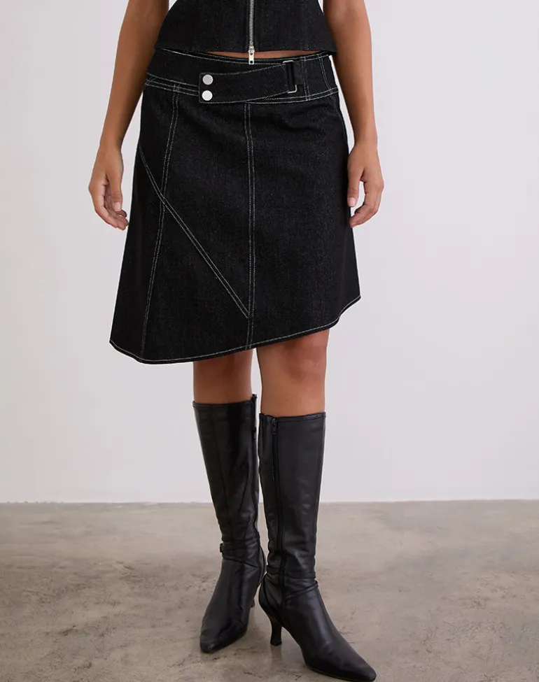 Hayashi Asymmetrical Midi Skirt in Denim Black Wash