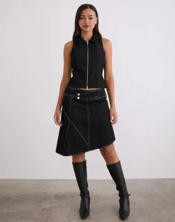 Hayashi Asymmetrical Midi Skirt in Denim Black Wash