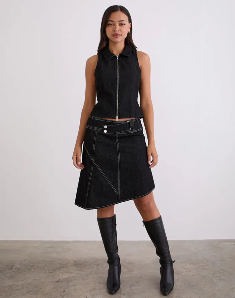 Hayashi Asymmetrical Midi Skirt in Denim Black Wash