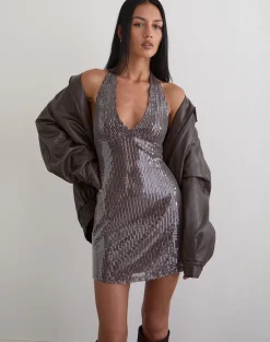 Hepasi Halter Dress in Clear Tinted Sequin Brown