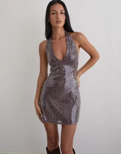 Hepasi Halter Dress in Clear Tinted Sequin Brown